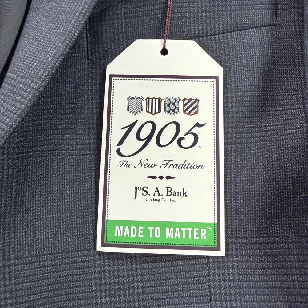 Jos A Bank 1905 Blazer Slim Fit Merino Wool Stretch Sport Coat dark‎ Grey Plaid